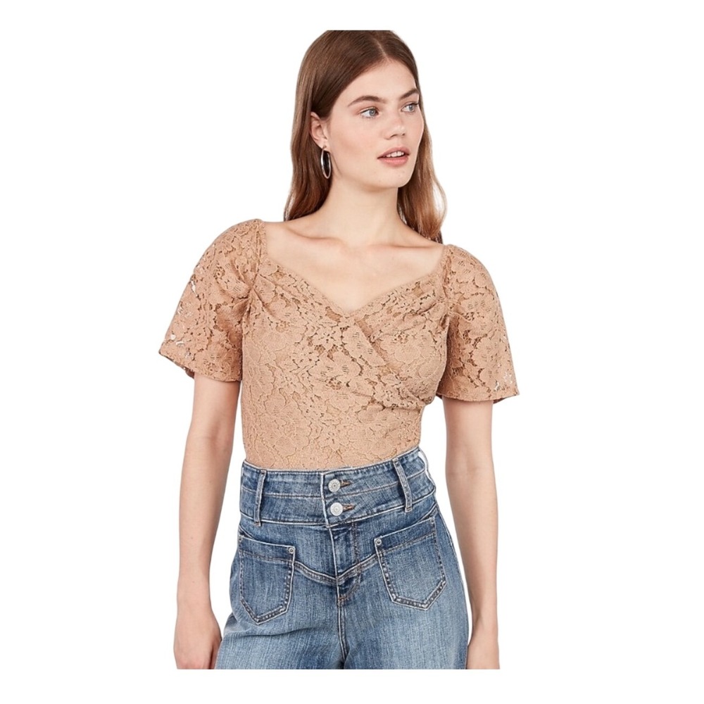Express Lace Top Sweetheart Neckline Short Sleeve Blouse Tan Size S - Picture 1 of 5